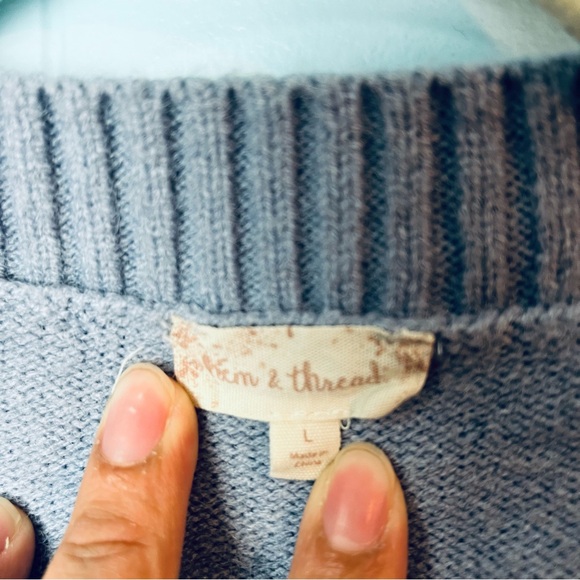 Patchwork Color Block Crew Sweater Sz Large Fringe Cable Knit Chunky Blue Gray - Picture 6 of 10